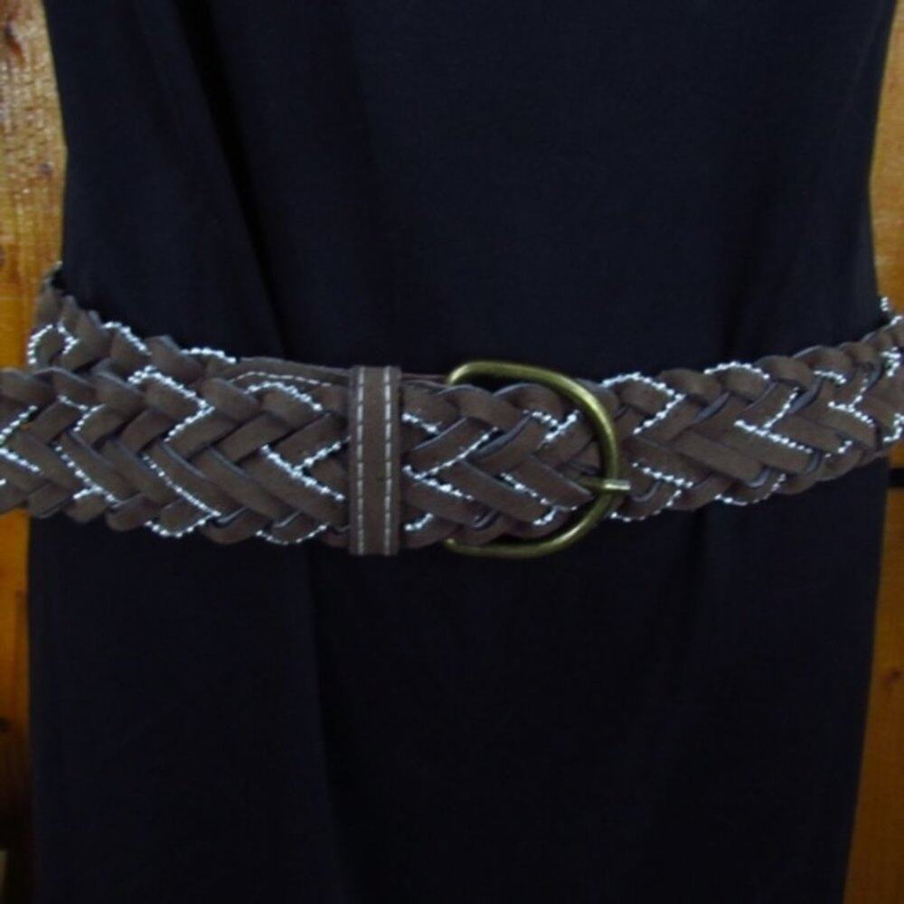 Brown Faux Suede Silver Thread Braided Waist Belt